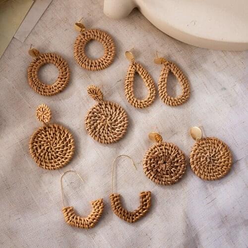 Bohemia Fashion Vintage Handmade Bamboo Braid Earrings For Women New Geometric Hanging Earrings 2021 Trend Rattan Female Jewelry