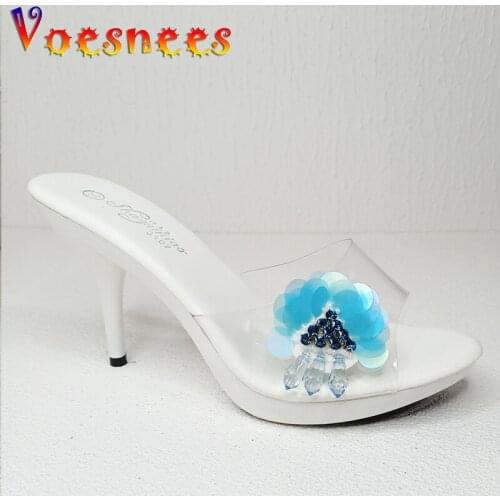 Middle Heels Sandals 2021 Crystal Clear Transparent Slippers Female Shoes Comfortable Summer Women Shoes Woman Fashion Cool Mule