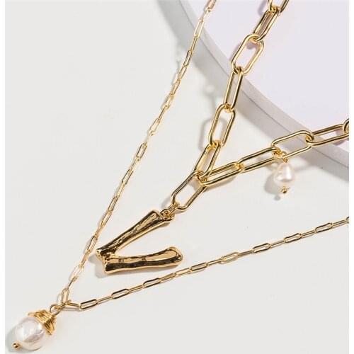 DIY Gold Alloy Letter Pendant Long Chain Necklace Natural Two Freshwater Pearls Pendant Lady Multi-layer Necklace Jewelry