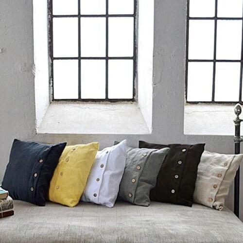 2PCS Pure Linen Pillowcase Solid Color Flax Bed Throw Pillow Cover Cool Home Decorative Pillow Case with Button