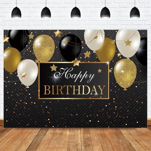 Happy Birthday Backdrop Black Gold Balloons Adult Birthday Party Banner Decor Photography Background Glitter Sparkling Stars Dot