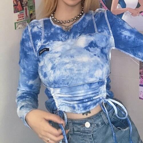 New Fashion Tie Dye Drawstring Croppeds Tops E-girl Sweet Stitch O-neck Long Sleeve Skinny Blue T-shirts 90s Streetwear