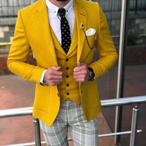 Tailor Made Fashion High Quality Yellow Blazer Vest Slim Fit Groom Tuxedo For Wedding Dress Dinner Party Set (Jacket+Pants+Vest)