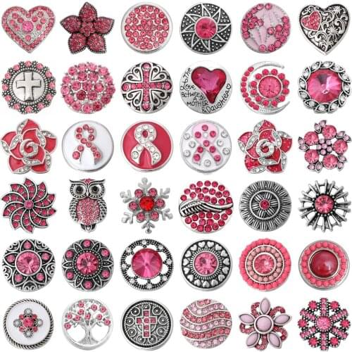 5pcs/lot Snap Button Jewelry 18mm Pink Rhinestone Snap Buttons Fit Leather Snap Bracelet Interchangeable Jewelry