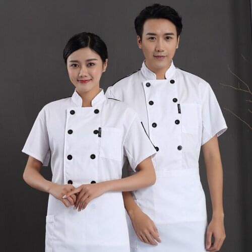 Fashion Chef Uniform Cooking Jackets Short Sleeve Chef Shirt Oblique Collar Double Breasted Shirt Costume Food Service Clothes