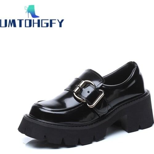 Retro Genuel Leather Sping Autumn Womens Singel Shoes British Style Platform Buckle Black Mary Jane JK Casual Daily School Girl