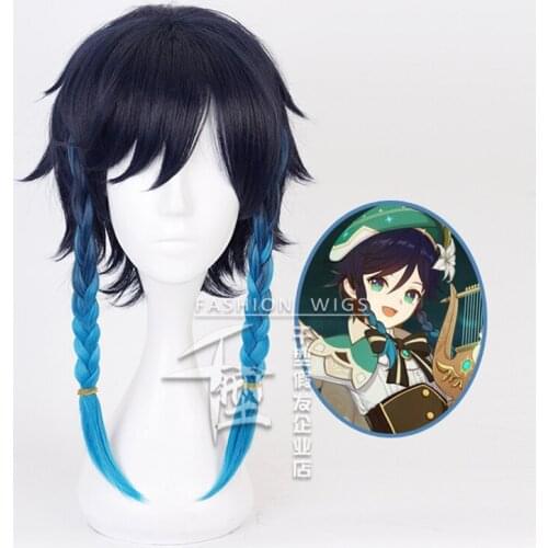 Genshin Impact Venti Wig Gradient Short Braided Cosplay Heat Resistant Synthetic Hair Halloween Carnival Party + Free Wig Cap