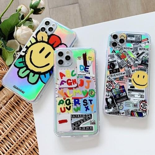 INS Rainbow Letter Barcode Label Smile Face Clear Silicone Phone Case For iPhone 11 Pro Max XS XR 7 8 Plus X Graffiti Soft Cover