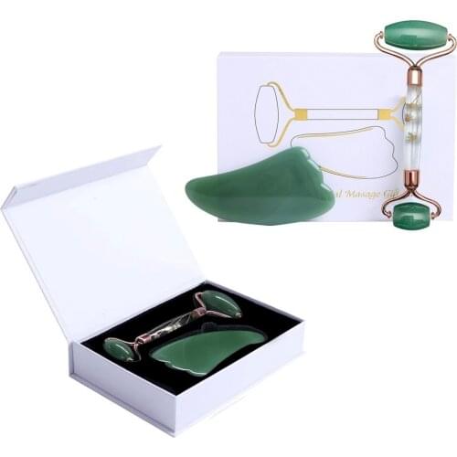 Rose Quartz Jade Roller Flower Pole Face Massager Pink Crystal Jade Facial Massage Roller Gouache Massage Set Gua Sha Scraper