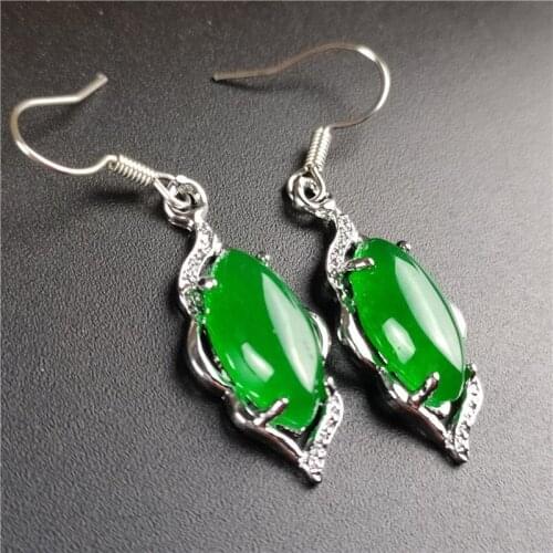 Natural green chalcedony hand carved 925 silver inlaid Drop Earrings Fashion Jewelry mens and womens Earrings