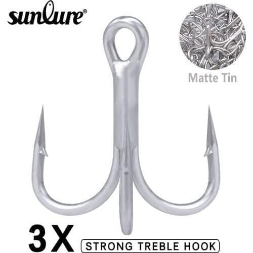 Sunlure 100Pcs Saltwater Fishing Hook Matte Tin 3X Treble Hook 2/0#-1/0#-1#-2#-4#-6#-8# High-Carbon Steel High Strength Fishhook