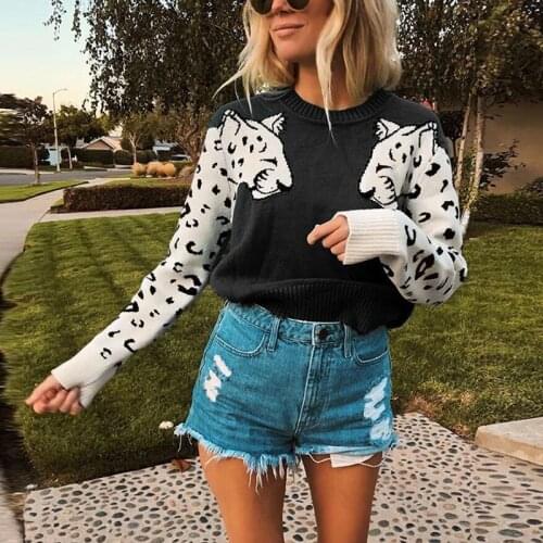 Leopard O-neck Sweaters Women Fall and Winter 2020 Long Sleeve Tiger Pattern Loose Pullover Jumpers Designer Knitted Sweaters