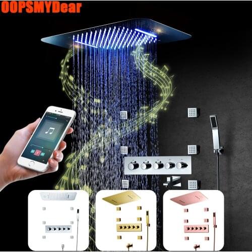 LED Thermostatic Shower System Bathroom Hot Cold Mixer Music Shower Set Smart Phone Remote Touching Control Bath Faucet SPA Rain