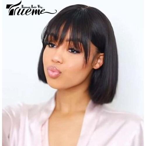 Trueme Short Bob Wig With Bangs Colored Brazilian Human Hair Wigs For Black Women Ombre Blonde Brown Human Hair Bob Full Wig