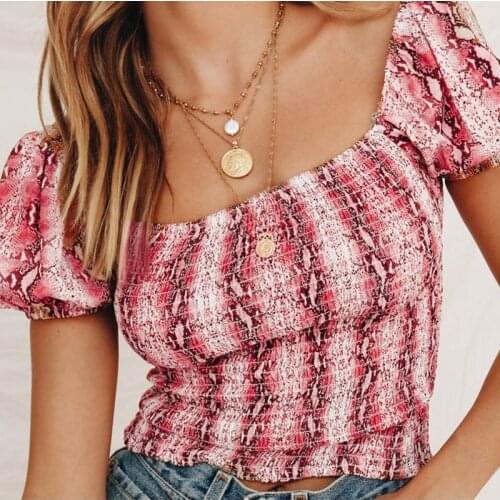 Square Collar Snake Skin Crop Top Short Sleeve Summer Blouse Women Ruched Tops Bubble Sleeve Print Blouses Chiffon Short Shirt