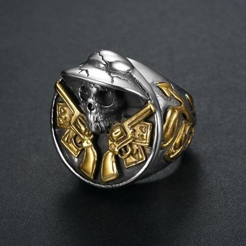 Domineering Cowboy Double Gun Skull Ring Two Tone Motorcycle Party Finger Ring Biker Jewelry for Men Cool Party Ring Jewelry