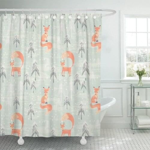 Red Tree Fox in Winter Pine Forest with Design for Christmas and New Year Stationery Animal Shower Curtain Waterproof Polyester