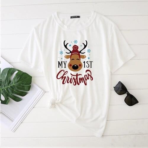 Seeyoushy My First Christmas Deer Print Woman Tshirts Fashion Graphic Tee Streetwear Round Neck Clothing Cotton Female Plus Size