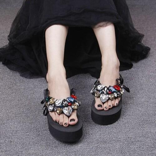 2019 Summer New Luxury Crystal Slippers Bow Womens Cheap Black Platform High Heels Comfortable Flip Flops Shoes Discount