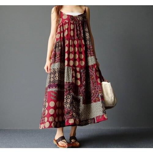 2020 Ladies Summer New Comfortable Breathable Literary Style Womens Cotton Linen Printed Dress Hot New Beach Sling Round Neck