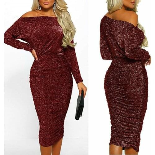 Women Sequin Dress Long Sleeve Off Shoulder Solid Dress Pleated Waist Design Slim Outfit for Parties Bar Night Club