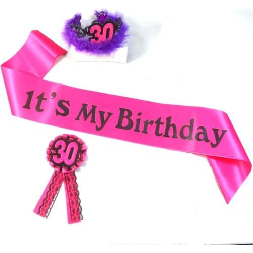 3pcs purple happy birthday party decoration ladies 30 celebration accessories tiara pink sash lace brooch as friend gift