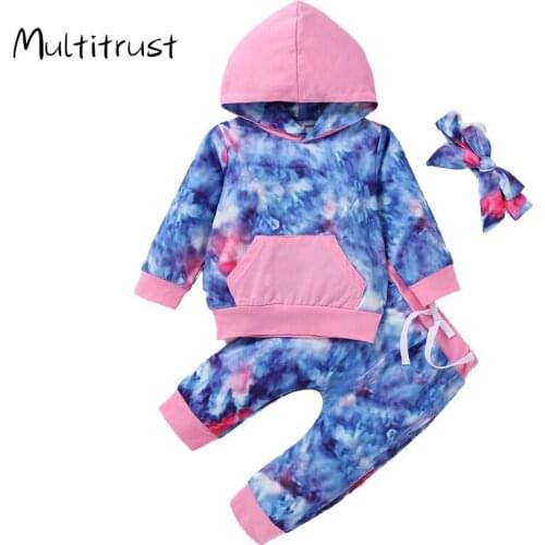 3 Pcs Newborn Baby Girl Clothes Tie-dye Outfits Long Sleeve Front Pocket Hoodie + Ribbon Trousers + Headband 0-4Y