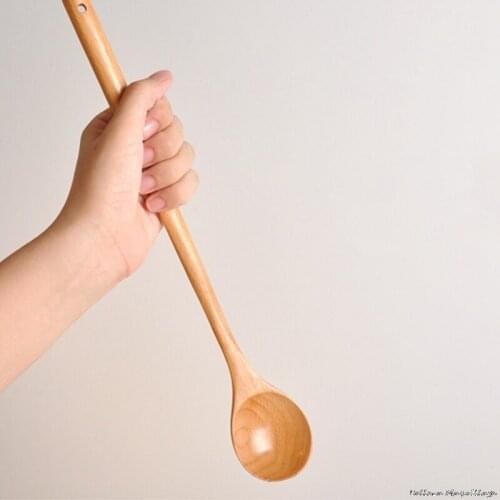33cm Natural Wood Long Handle Round Spoons for Soup Cooking Mixing Stirring Multi-purpose Spoon Long Spoons Wooden Korean Style