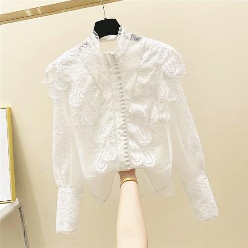 Embroidery White Women Shirts Ruffles Lace Patchwork Hollow Out Office Lady Elegant Outwear Tops