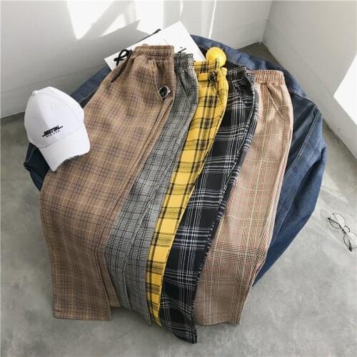 Men And Women Korean Plaid Loose Ankle Length Trousers Youthful Streetwear Harem Casual Elastic Waist Cotton Wide Leg Pants