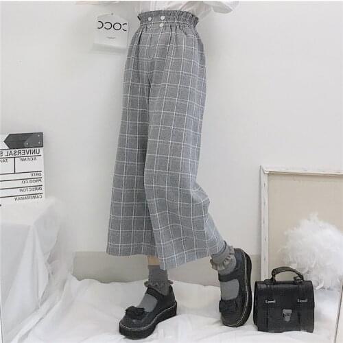 Women Plaid Pants Korean Ankle-length Sweet Chic Female New Fashion Straight High Waist Harajuk All-match Loose Streetwear