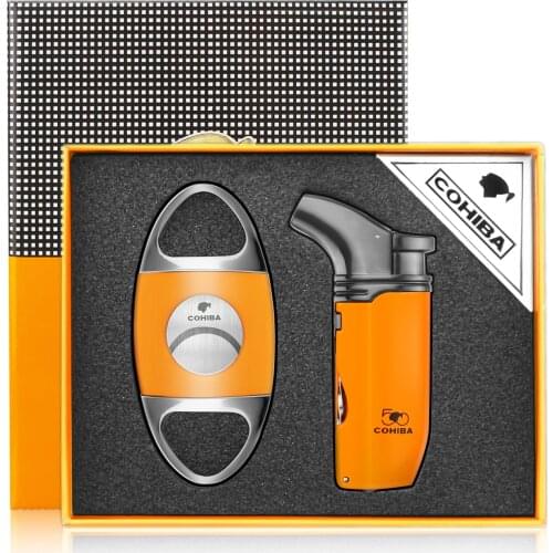 COHIBA Cigar Lighter and Cutter Combo Accessories Set Metal Windproof Butane Gas Torch Lighters with Cigar Punch Needle