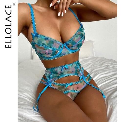 Ellolace Sexy Sensual Lingerie Woman Underwear Set Push up Underwire Bra Erotic Lingerie Set Blue Brief Sets Lace Lingerie Sexy