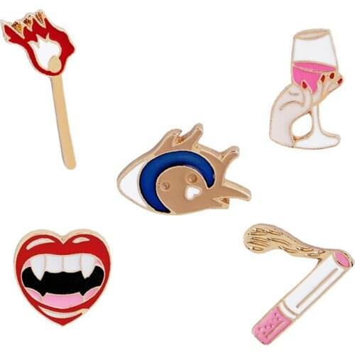 Enamel Pin Sexy Red Lips Wine Cigarette Matches Eyes Heart Brooches Jackets Backpack Pins Badges Fashion Jewelry for Women Girls