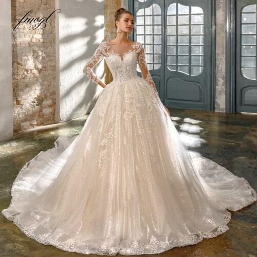 Fmogl Sexy Backless Long Sleeve Vintage Lace Wedding Dresses 2021 Luxury Appliques Beaded Chapel Train A Line Bridal Gowns