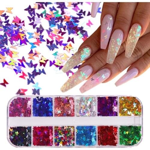 Holographic Nail Glitter Flakes Sequin 12 color Mixed Nail Art Sequins Laser Magic Star Butterfly Fluorescent DIY Nail Art Deco