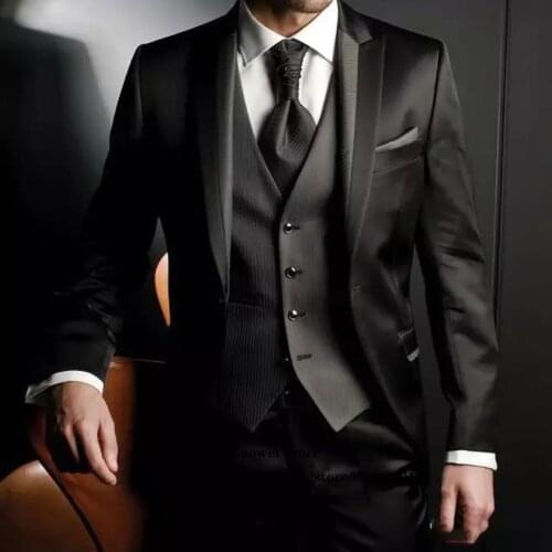 Classic Black Mens Suits Casual Formal Business Slim Blazer Vintage Wedding Groom 3 Piece Sets Costume Homme (Jacket+Vest+Pants)