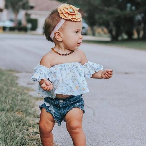 Kid Baby Girls Summer Outfits Blue Off Shoulder Floral Print Tops + Denim Shorts 2Pcs Clothes Set Soft And Comfortable Fabric