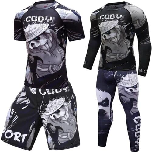 Mens Gym Training Tracksuit MMA Boxing Rashguard Workout Sport Suits Quick Dry Sportswear Compression Shirt Pants Running Sets