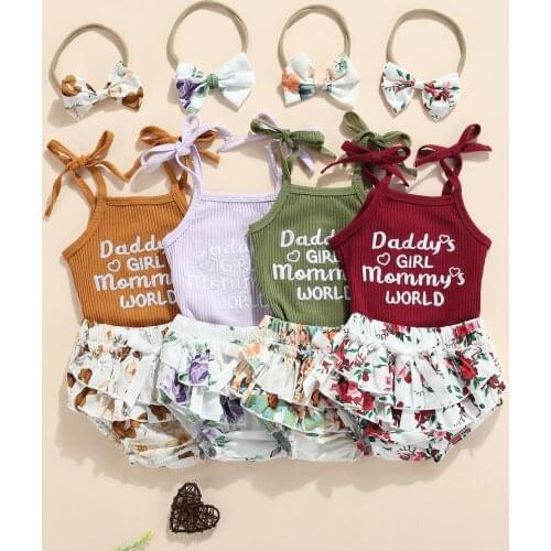 Baby Girls 3Pcs Summer Outfits Sleeveless Self-Tie Strap Rib Knit Romper + Bloomer Shorts + Headband Set