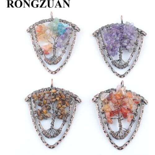 Wholesale 4Pcs/Lot Tree of Life Pendulum Shield Pendants Antique Copper Wire Wrapped 7 Chakra Natural Stone Chips Beads TBN420