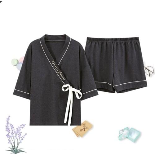 Summer Sexy Casual Kimono Pajama Set Women Cotton Nightwear Breathable Sleepwear Short Sleeve Pants Letter Embroidery Homewear