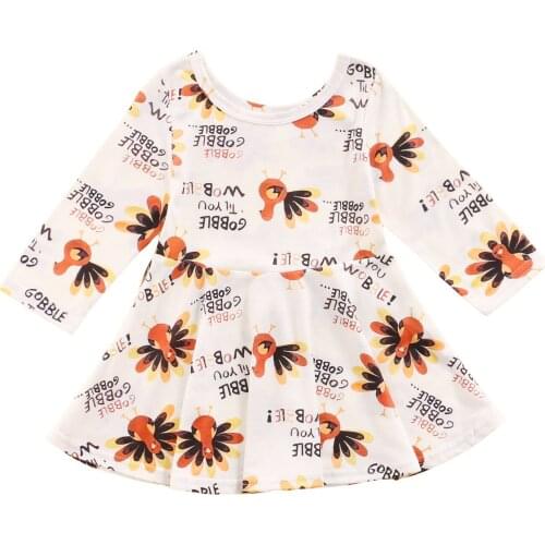 Infant Baby Girls Thanksgiving Day Dress, Girls Turkey & Letter Print Round Neck Long Sleeve Gown 1-6T