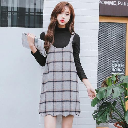 Suspender Dress 2019 Autumn Winter England Style Vintage Plaid Wave Cut Spaghetti Strap Wool Blends Dress Blue Gray D200