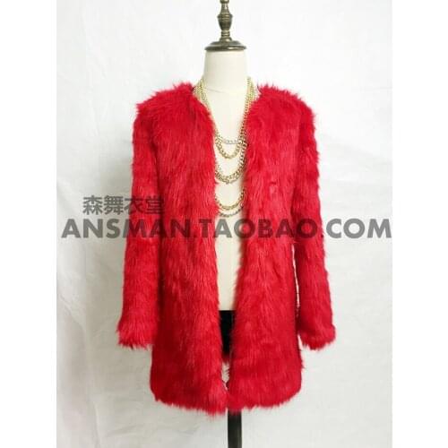 S-5xl ! 2021 Mens New Slim Djds Male Singer Gd Red High-grade Imitation Fur Medium Length Coat Costumes Fur Coat Clothing