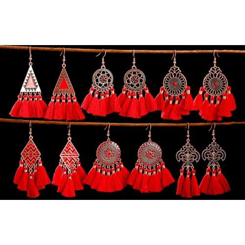 Tassel Earrings Women Fashion Jewelry Bohemian Drop Dangle Red Long Earrings Silk Fabric Ethnic Vintage Earrings Wedding Gift