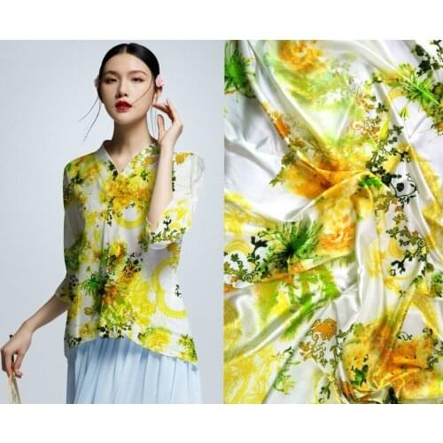 Telas african wax print fabric Brand Stretch Satin Silk Fabric Cloth Mulberry Silk Hot Sale Yellow Flowers Cheongsam Wholesale
