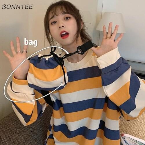 Striped Hoodies Women Classic BF Style Lovely Teens Hoodie with Bag Basic Simple Harajuku Stylish Daily Preppy Ladies Sweatshirt