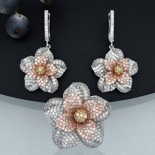 Three Tone Flower Earrings Ring Fashion Jewelry Sets AAA Cubic Zircon Women Wedding Party Bijoux Bijouterie Gift
