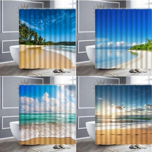 Ocean Beach Shower Curtain Sets 3D Blue Sky Sea Wave Scenery Waterproof Bathroom Decor Polyester Cloth Bath Curtains Wall Screen